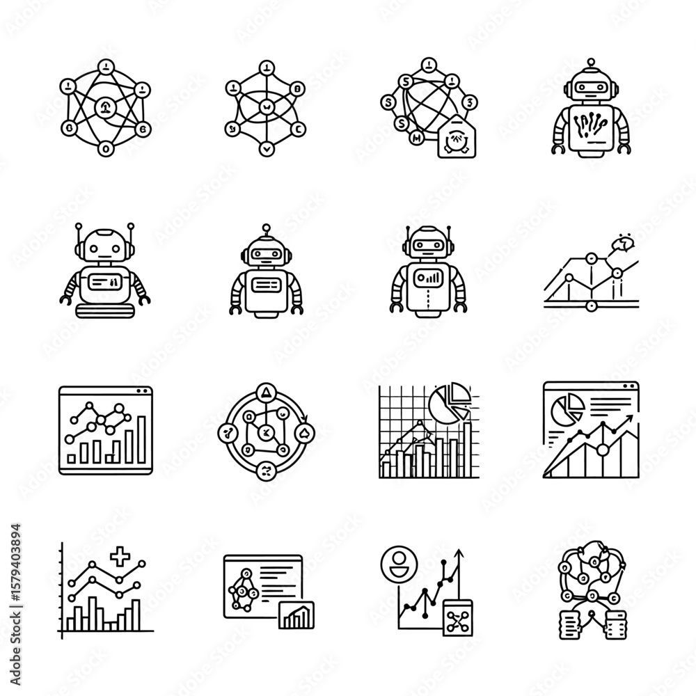Poster robots and data charts are drawn in a simple line art style