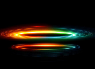 Two glowing oval shapes with multicolored light trails on a dark black background creating a bright effect