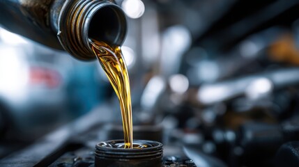 Fluid flows from a metal bottle into the engine compartment, showcasing a close-up of the maintenance activity inside a garage. Mechanics ensure proper lubrication for vehicle performance