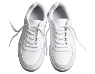  Top-Down View of White Tennis Shoes with Laces Loosely Tied, Slightly Angled Pair, Transparent Background