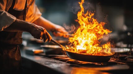 A skilled chef expertly maneuvers a frying pan over a hot stove, flames erupting dramatically as food sizzles. The atmosphere is energetic, showcasing intense cooking in a bustling kitchen at night