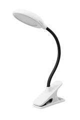 White clip-on LED desk lamp with flexible gooseneck, portable lighting, reading light, modern design, office, bedroom, isolated no background png