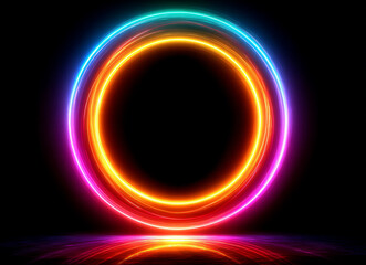 Glowing circle with vibrant neon colors on a dark background with reflection on the surface below it
