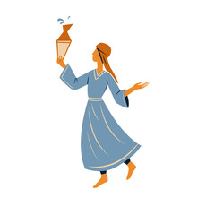 Jewish woman celebrating Jewish holiday Sukkot. celebration of Simchat Tora and Simchat Beit HaShoeivah. translation rejoicing of the Water Drawing House