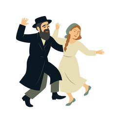 Jewish people dancing Hasidic dance celebrating Jewish holiday Sukkot. People dressed in traditional Jewish clothes. celebration of Simchat Tora and Simchat Beit HaShoeivah. vector