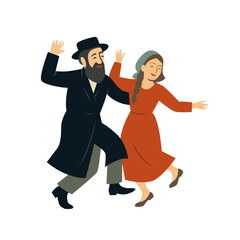 Jewish people dancing Hasidic dance celebrating Jewish holiday Sukkot. People dressed in traditional Jewish clothes. celebration of Simchat Tora and Simchat Beit HaShoeivah. vector