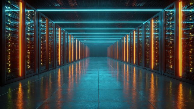 Data center interior with glowing server racks and fiber optics.