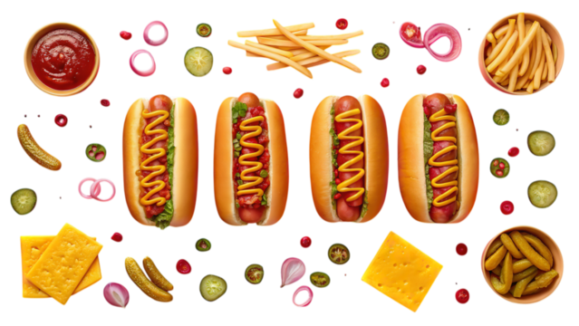 Hot dogs and french fries with ketchup pickles and cheese on a black background food photography on transparent background