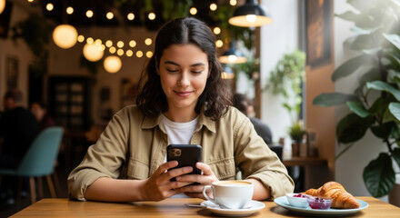 A young woman smiles while looking at her smartphone with a coffee and croissant on the table