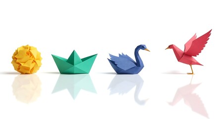 Yellow sphere green boat blue swan pink bird origami figures paper