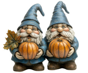 Charming gnomes with pumpkins fall festival decorative whimsical isolated on transparent background