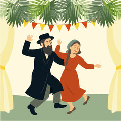 Jewish people dancing Hasidic dance celebrating Jewish holiday Sukkot. People dressed in traditional Jewish clothes. celebration of Simhat Tora and Simchat Beit HaShoeivah. vector