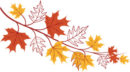 Illustration of a branch with orange and yellow leaves, some outlined, on a white background design element