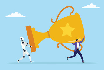 Vector illustration of a businessman and robot carrying a large trophy, representing the triumph achieved through teamwork between human ingenuity and artificial intelligence
