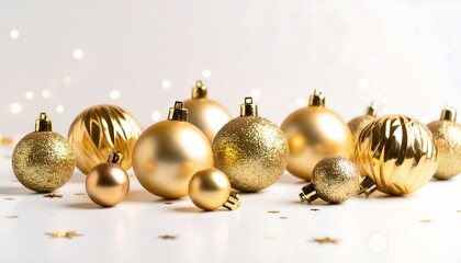 Gold Christmas ornaments on white background