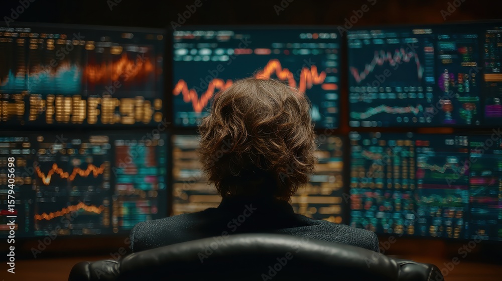 Aufkleber businessman in suit analyzing ai-driven analytics on multiple screens in modern office space