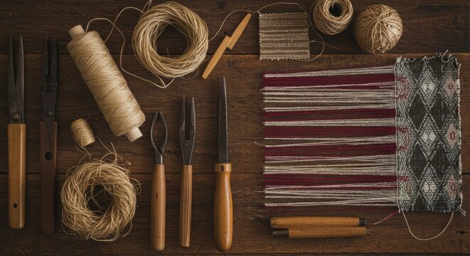 Hand Weaving Tools and Materials on Rustic Wooden Table