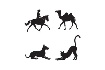 Diverse animal silhouettes featuring horse rider camel dog and cat