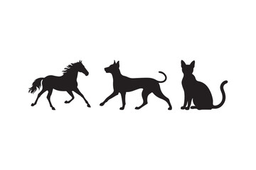 Silhouettes of a horse dog and cat on a white background
