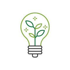 Green outline light bulb with a plant inside and four small star-like shapes on white background