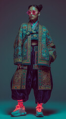 Obraz premium Korean fashion display in vibrant traditional attire with modern elements during a studio photoshoot