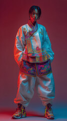 Young individual showcasing traditional Korean attire with a modern twist and vibrant lighting in a creative studio setting