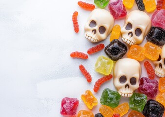 Obraz premium Colorful gummy candies and white skull-shaped sweets scattered on a white surface, creating a festive, spooky vibe.