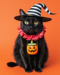 A black cat wearing a striped witch hat and red ruffled collar with a pumpkin decoration, sitting against an orange background.