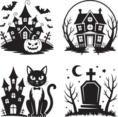 Spooky Halloween Elements Silhouette Vector Set

Witch Flying on Broom with Bats Halloween Clipart

Haunted House with Pumpkin and Bats Silhouette Design

Creepy Halloween Scene with Ghosts and Full M
