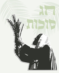 happy Sukot. Jewish man holding four traditional species of Sukkot holiday. happy sukkot in Hebrew.