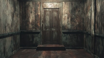 Obraz premium Interior view of a room with stained walls and a dark wooden door in the center of the wall space