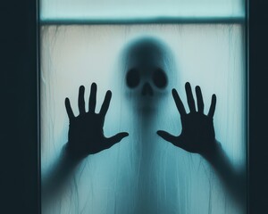 A ghostly figure presses its hands against a frosted glass window, creating an eerie and mysterious silhouette.