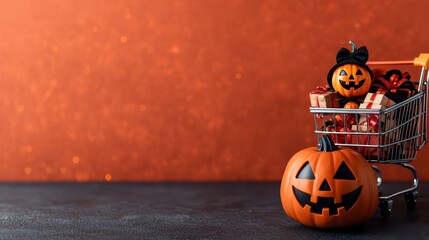 Halloween-themed pumpkins with carved faces and wrapped gifts are placed in and beside a miniature shopping cart against a warm orange background.