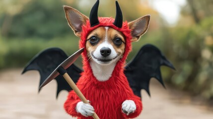 A small dog dressed in a red devil costume with black wings and horns, holding a small pitchfork, standing outdoors on a blurred path.