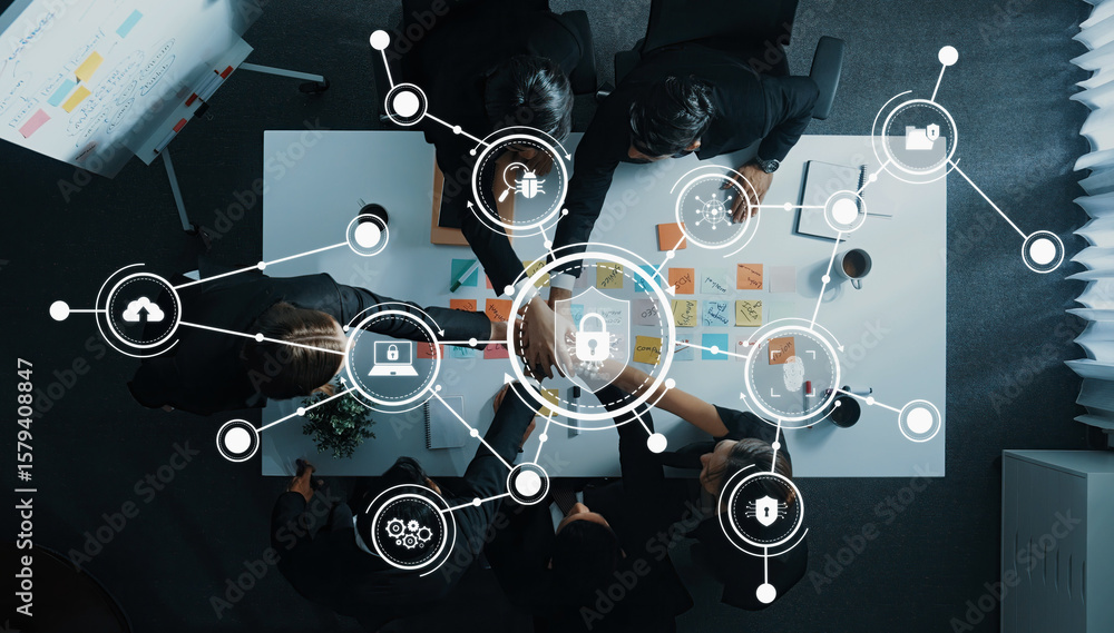 Aufkleber business team collaborates on security solutions with digital interfaces and icons in a modern offic