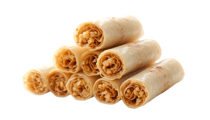 Stacked spring rolls featuring a savory filling, perfect for Asian cuisine and culinary creations isolated on transparent background