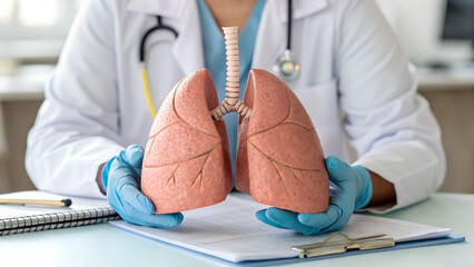 Doctor in a white coat holds a model of human lungs, symbolizing pulmonary health and raising awareness for respiratory diseases
