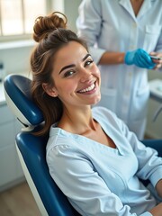 Fototapeta premium Smiling woman in light blue shirt in dental chair with dentist in background image