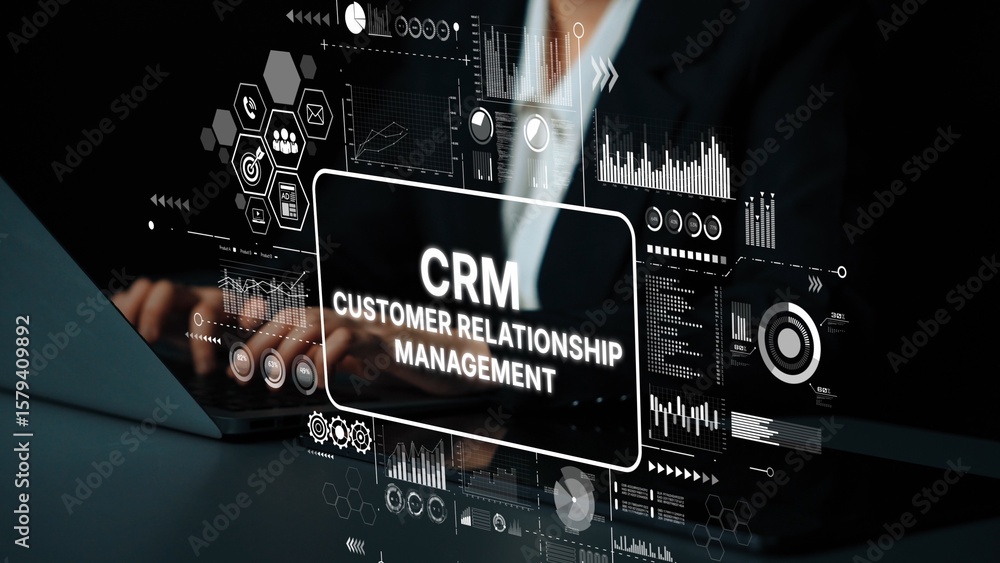 Poster business professional working on digital crm system with charts and data visualizations for customer