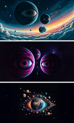 Alien planets in the shape of an eye observe the universe, alien planets observe the earth, widescreen, set