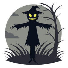 Creepy Spooky Halloween Scarecrow Silhouette Under a Full Moon