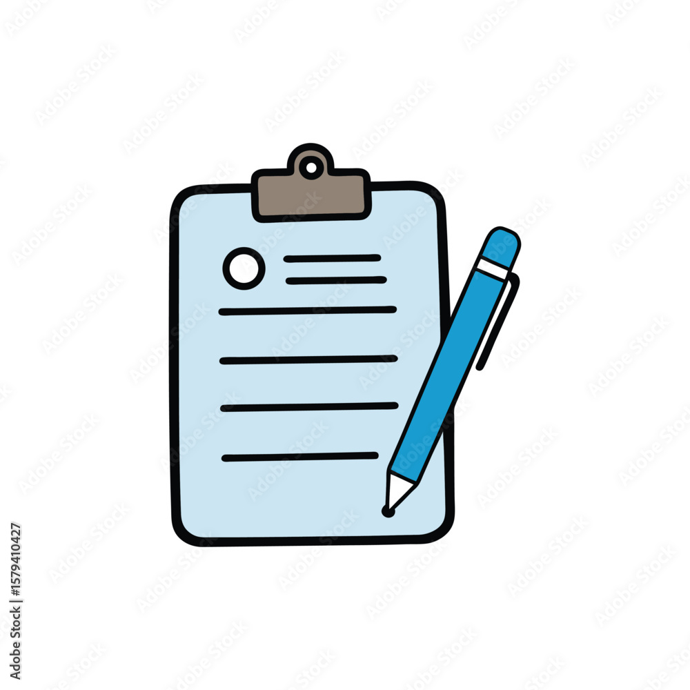 Poster vector art of a pen rests on a clipboard with a document ready for writing isolated on white backgro