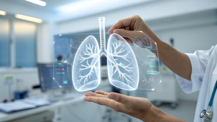 A doctor is holding a digital hologram of lungs in a modern hospital, representing advanced medical technology and pulmonary healthcare