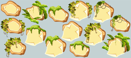 Wooden signboards with old paper, stems ivy, liana, grapes, vine, swamp moss, forest lichen. Set blank invitations, maps, jungle plants. 3d elements for messages, banners, notebooks, mobile games.