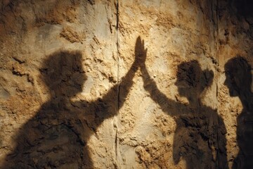 Silhouettes of Three People Interacting Against a Textured Background in Soft Light