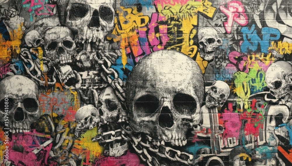 Poster skull graffiti artwork with chains and colorful artistic strokes creating a unique aesthetic