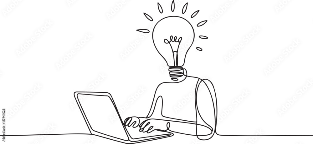 Fototapete Continuous Line Art of a Person with a Lightbulb Head Working on a Laptop Demonstrating Creativity
