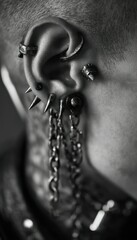 Intricate ear piercings with chain jewelry against skin detailed in black and white photography