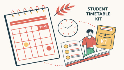 Illustration of a student timetable kit with a calendar, clock, student, book, and backpack graphic design