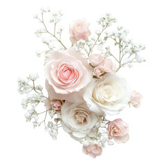 Elegant bouquet of pink and white roses with baby's breath arrangement on isolated background